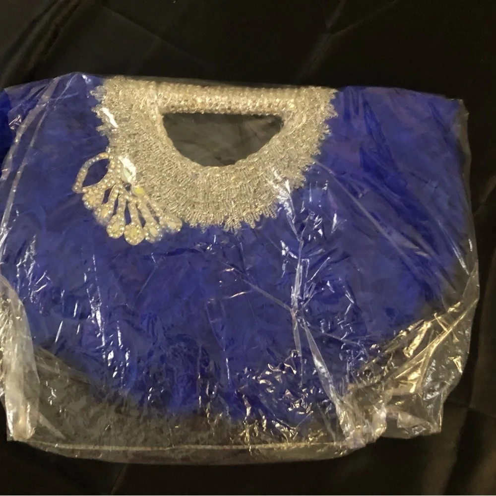 Royal Blue Feather African Bridal Hand Fan with Silver Crystal Accent